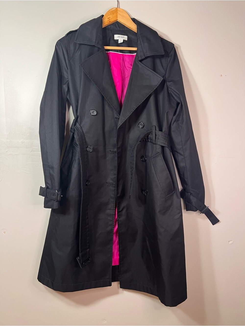 ON 34th Black Double Breasted Belted Trench Coat Jacket Pink Lining Women's S